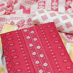 Red Printed With Embroidered Cotton Blend Dress Material - Peachmode