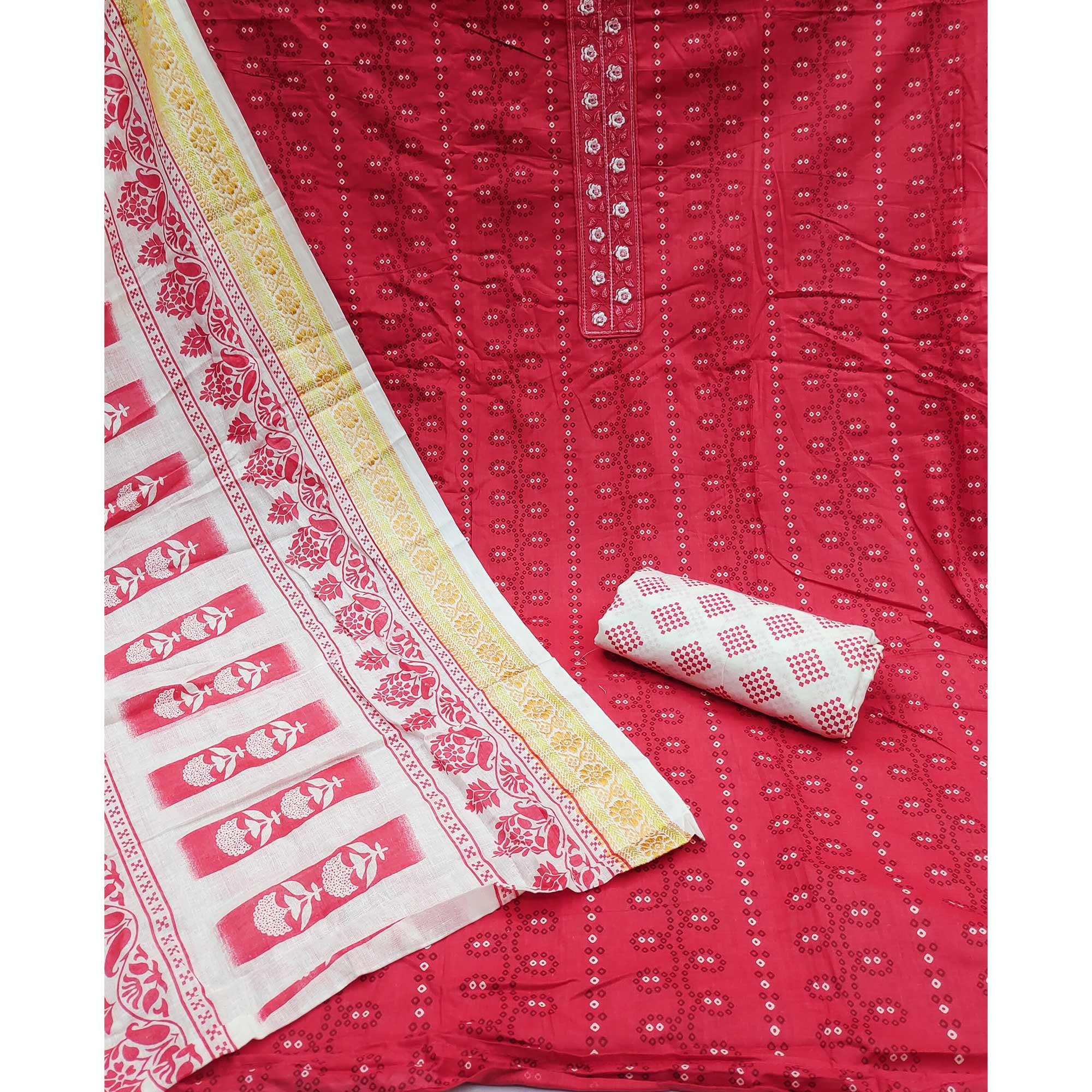 Red Printed With Embroidered Cotton Blend Dress Material - Peachmode