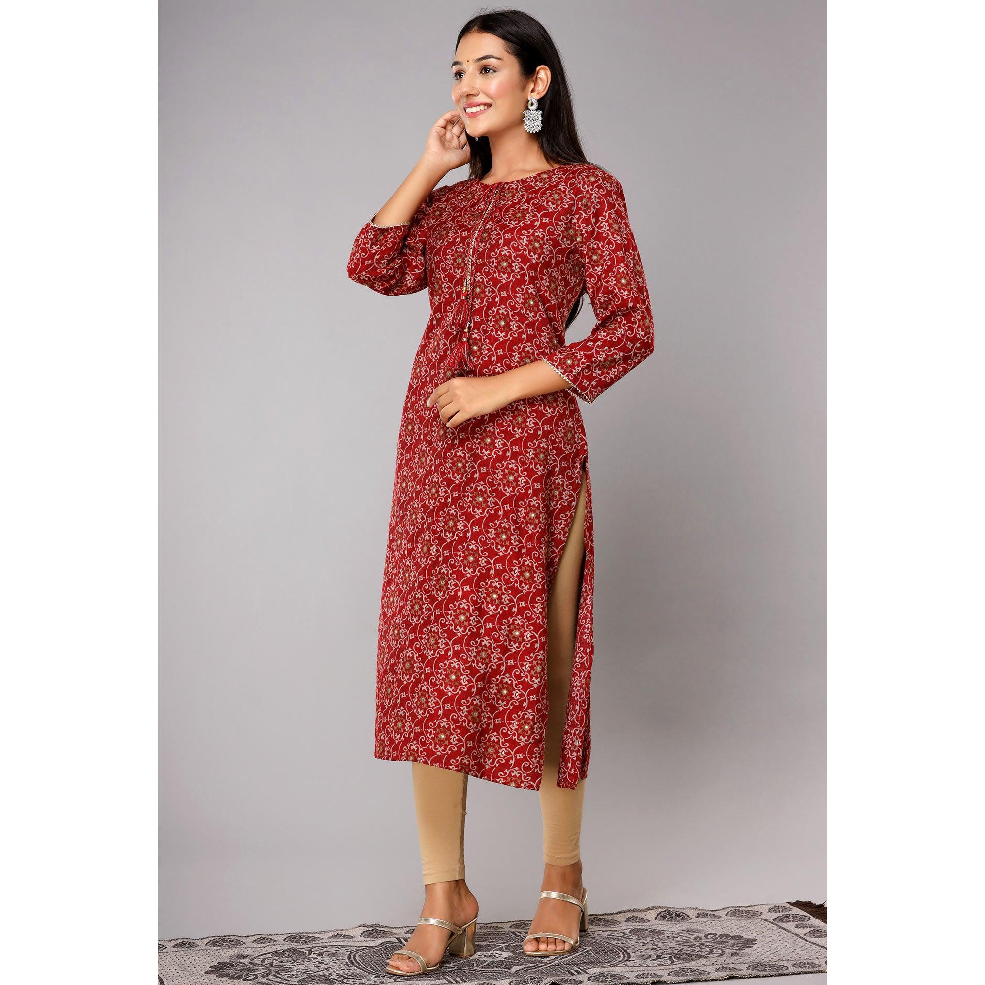 Red Printed With Gota Patti Work Poly Cotton Kurti - Peachmode