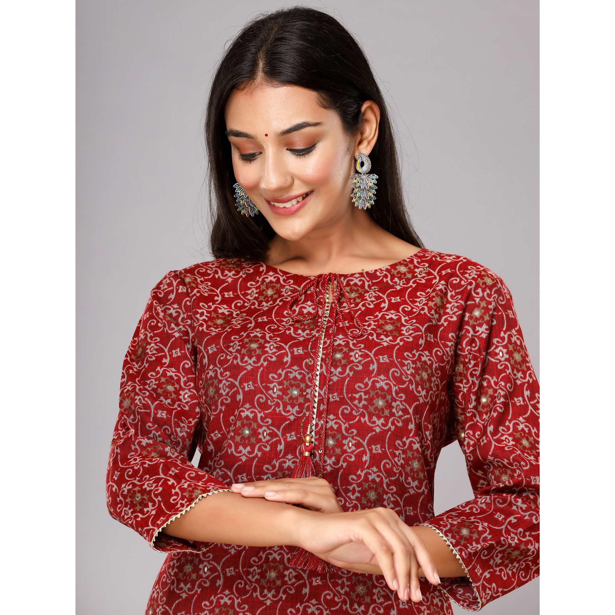 Red Printed With Gota Patti Work Poly Cotton Kurti - Peachmode