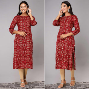 Red Printed With Gota Patti Work Pure Cotton Kurti - Peachmode