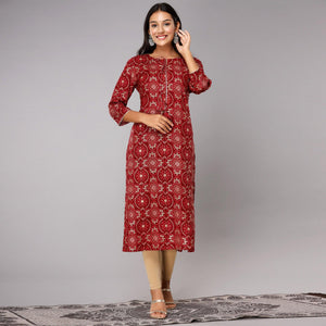 Red Printed With Gota Patti Work Pure Cotton Kurti - Peachmode