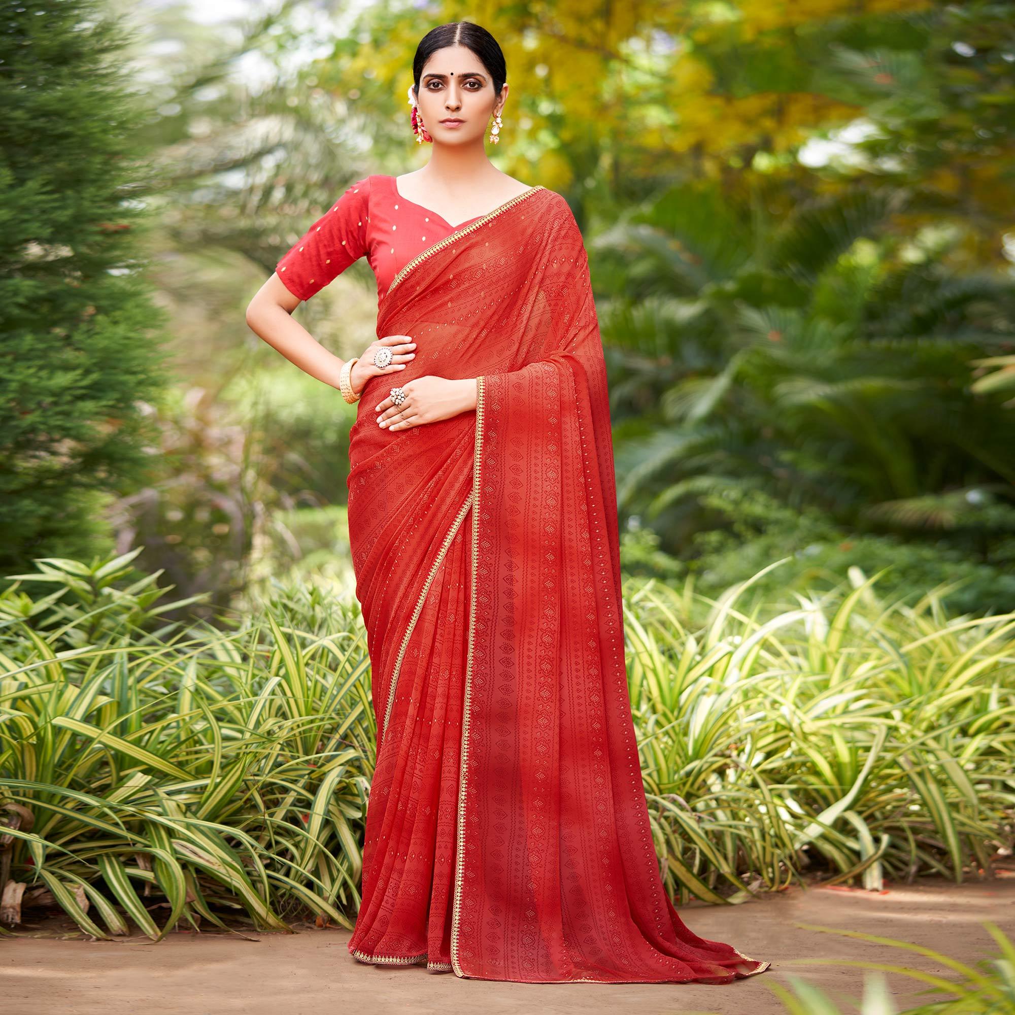Red Printed With Sequence Embroidered Border Georgette Saree - Peachmode
