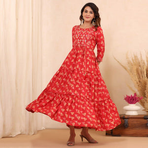 Red Printed With Sequence Embroidered Chanderi Kurti - Peachmode