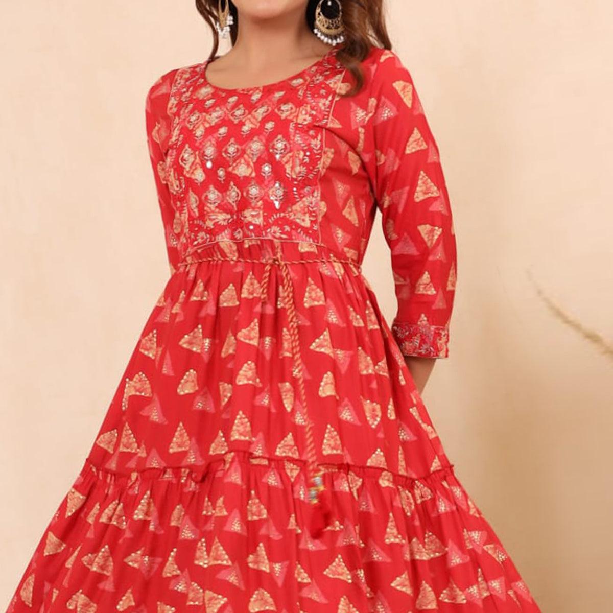 Red Printed With Sequence Embroidered Chanderi Kurti - Peachmode