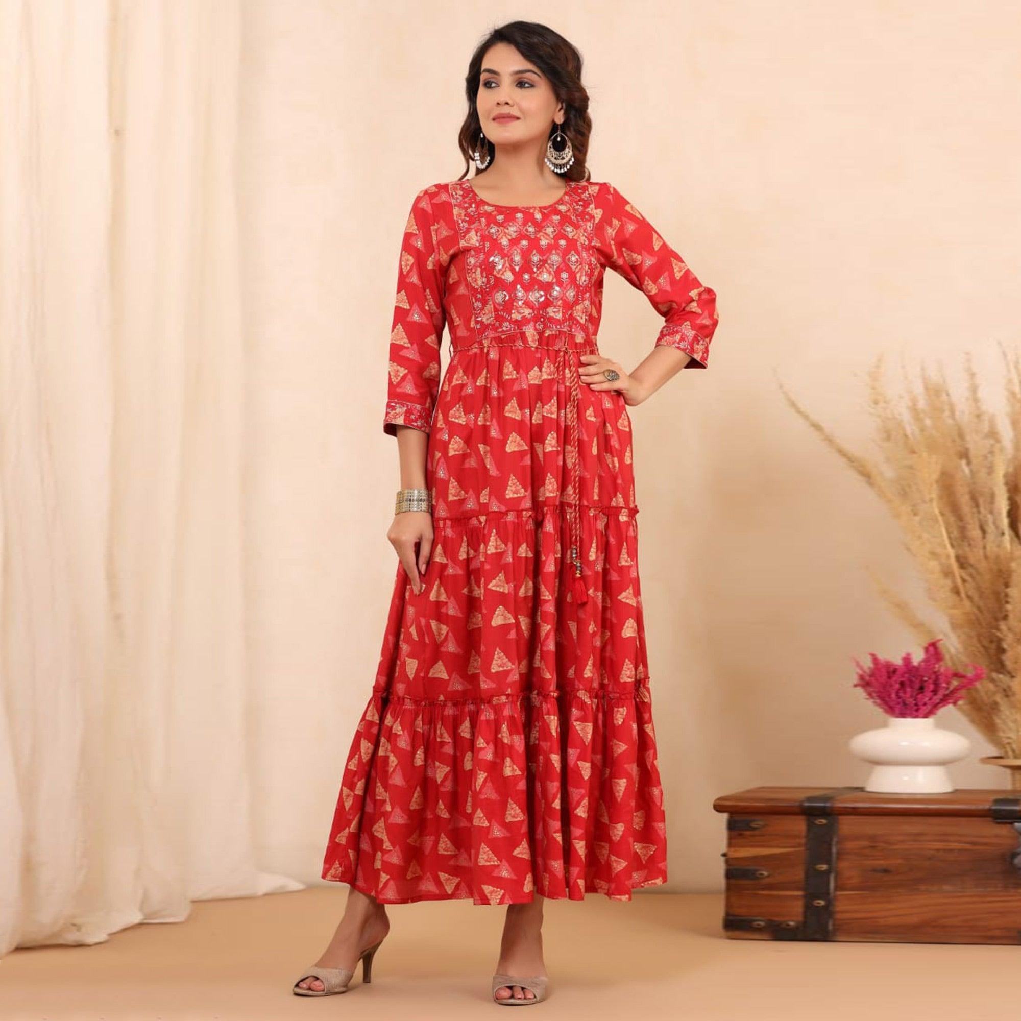 Red Printed With Sequence Embroidered Chanderi Kurti - Peachmode