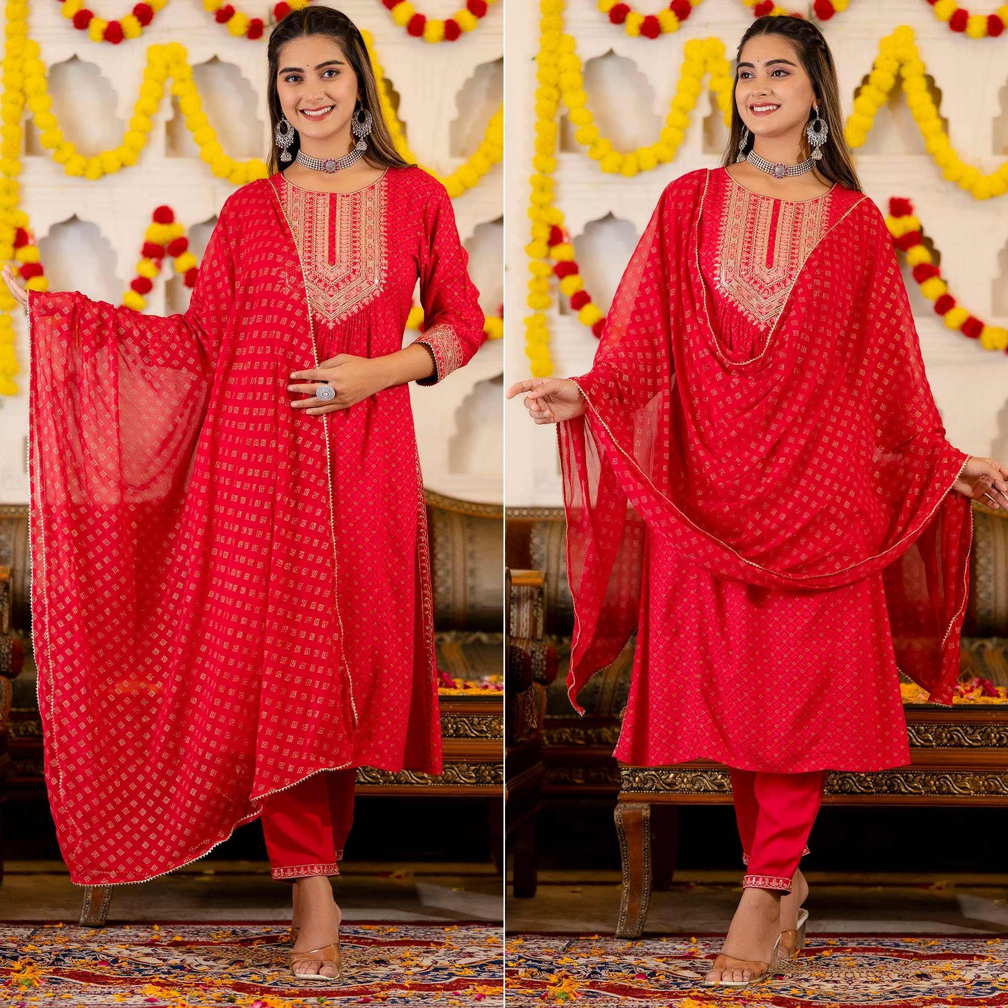 Red Printed With Sequence Embroidered Pure Cotton Salwar Suit - Peachmode