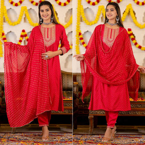 Red Printed With Sequence Embroidered Pure Cotton Salwar Suit - Peachmode