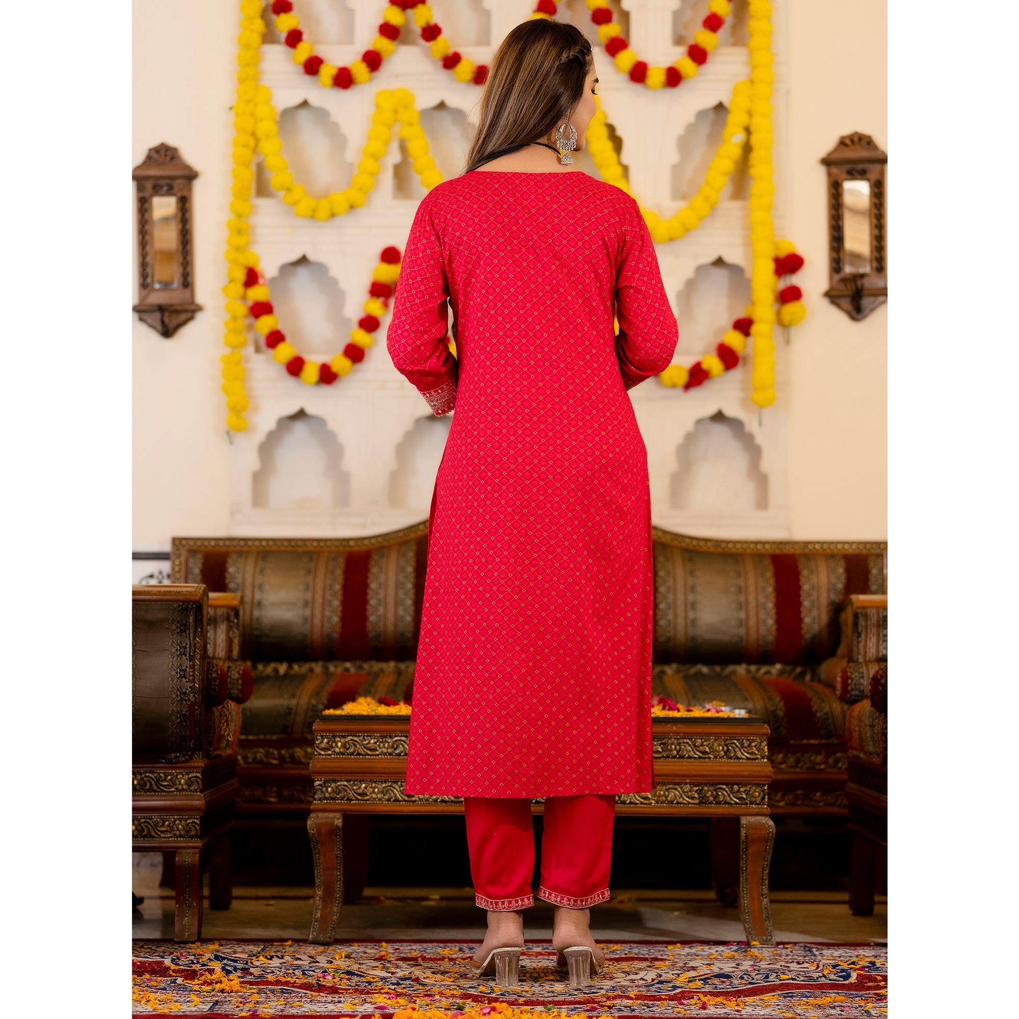 Red Printed With Sequence Embroidered Pure Cotton Salwar Suit - Peachmode