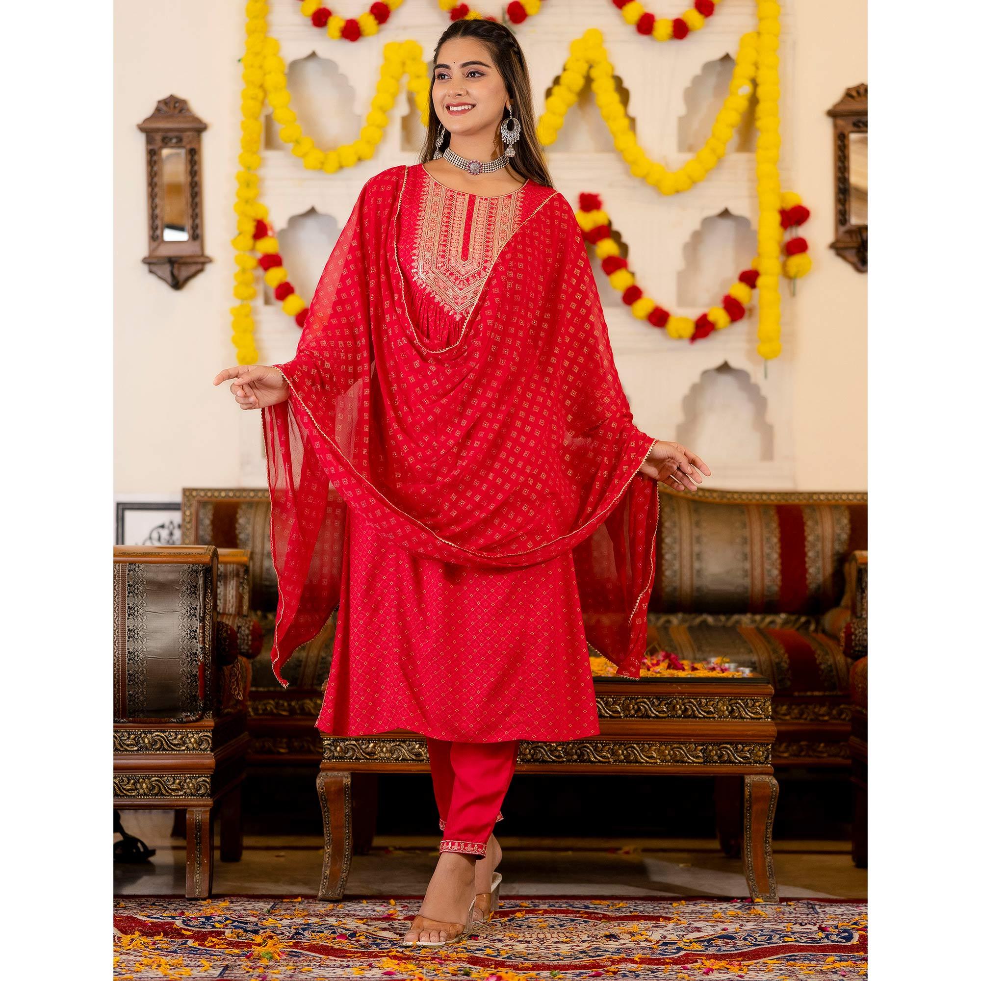 Red Printed With Sequence Embroidered Pure Cotton Salwar Suit - Peachmode