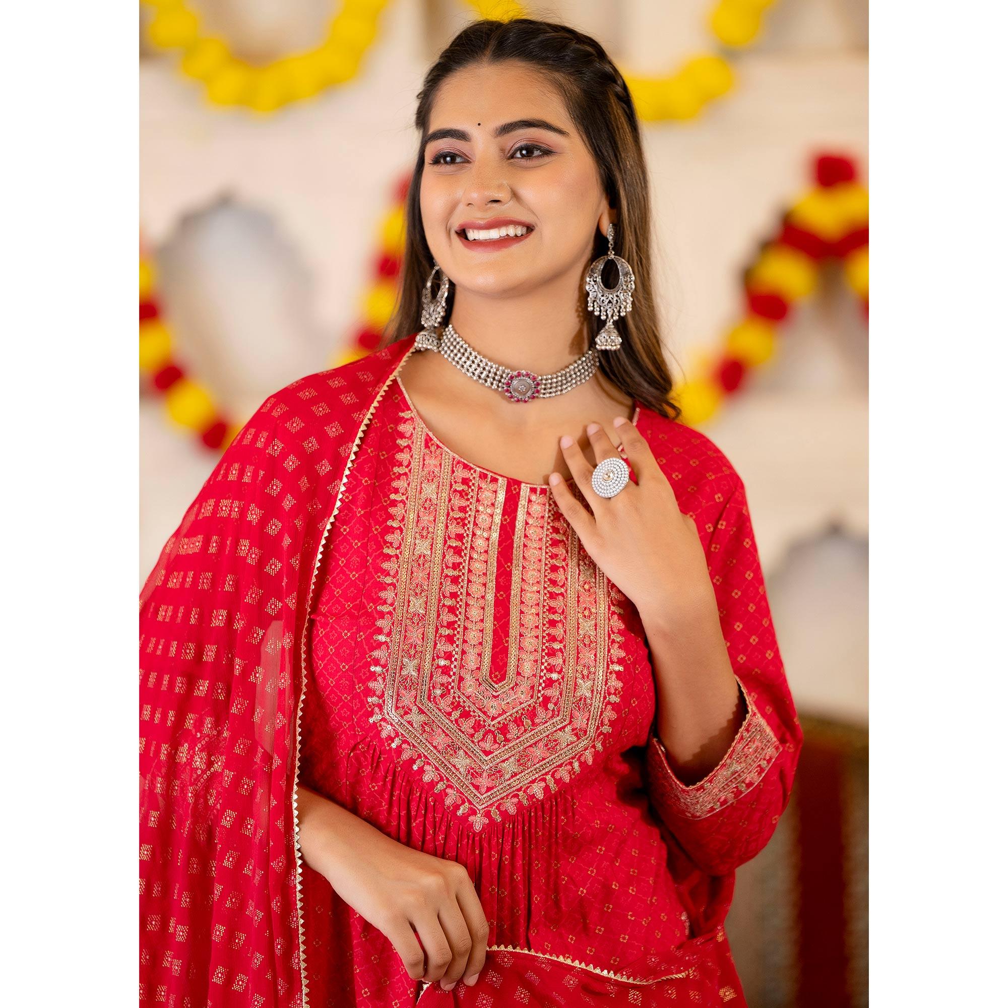 Red Printed With Sequence Embroidered Pure Cotton Salwar Suit - Peachmode