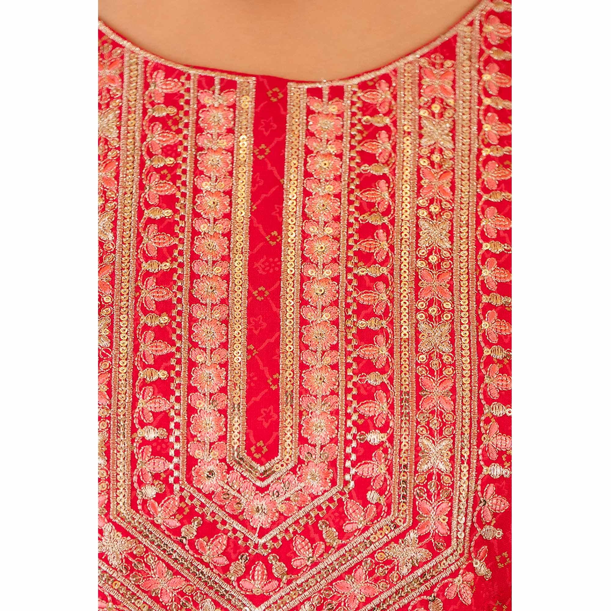 Red Printed With Sequence Embroidered Pure Cotton Salwar Suit - Peachmode