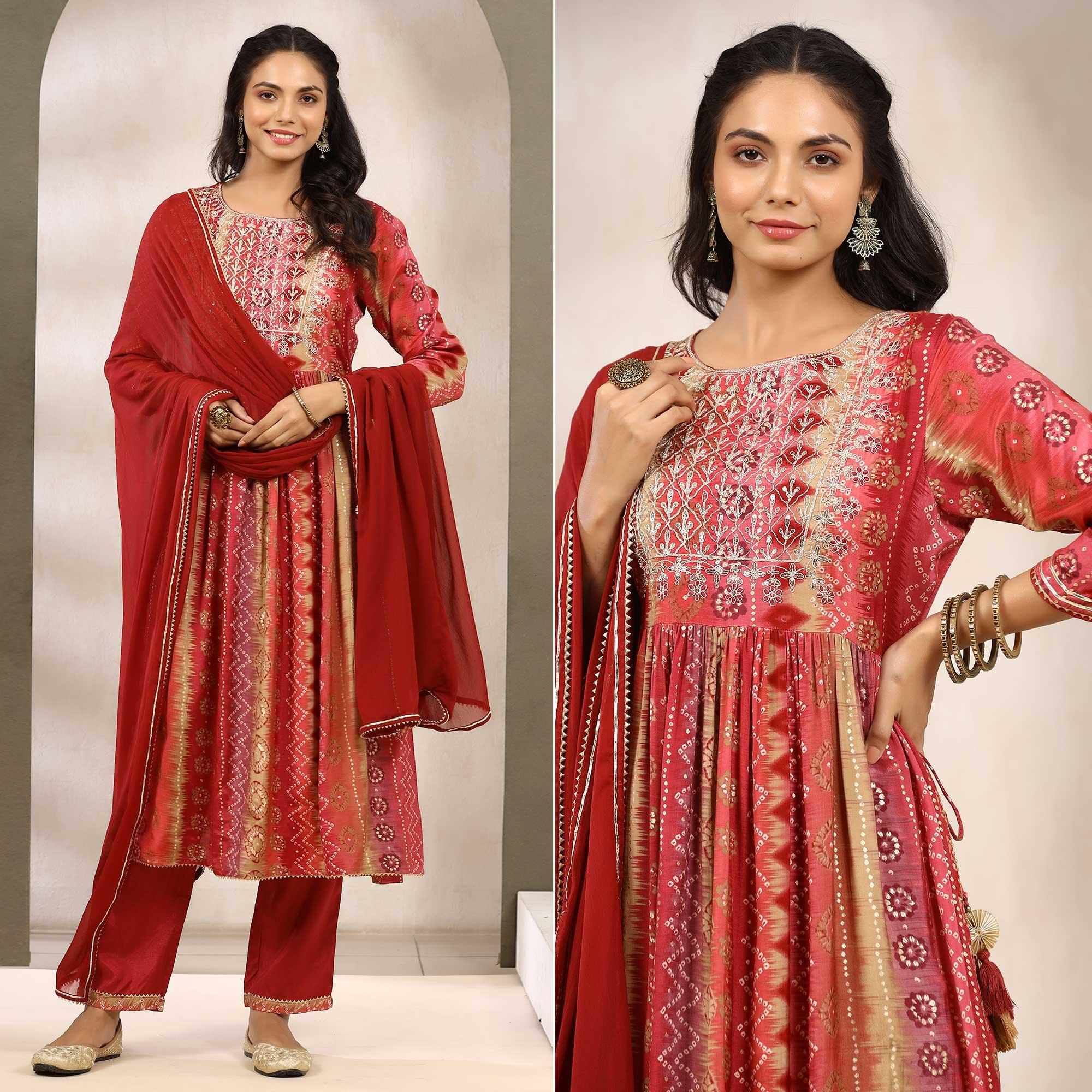 Red Printed With Sequence Work Muslin Anarkali Suit - Peachmode