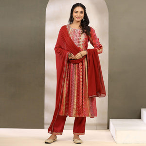 Red Printed With Sequence Work Muslin Anarkali Suit - Peachmode