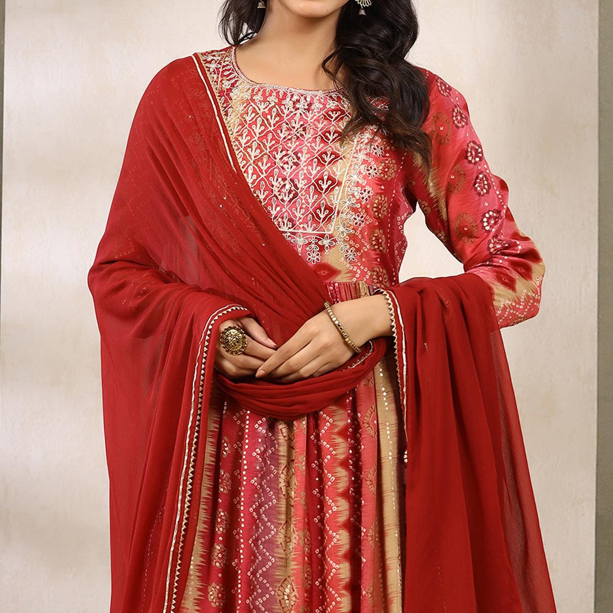 Red Printed With Sequence Work Muslin Anarkali Suit - Peachmode