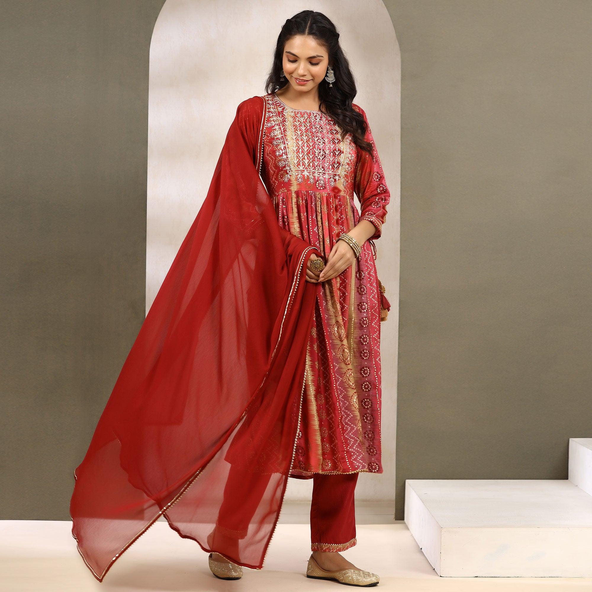 Red Printed With Sequence Work Muslin Anarkali Suit - Peachmode