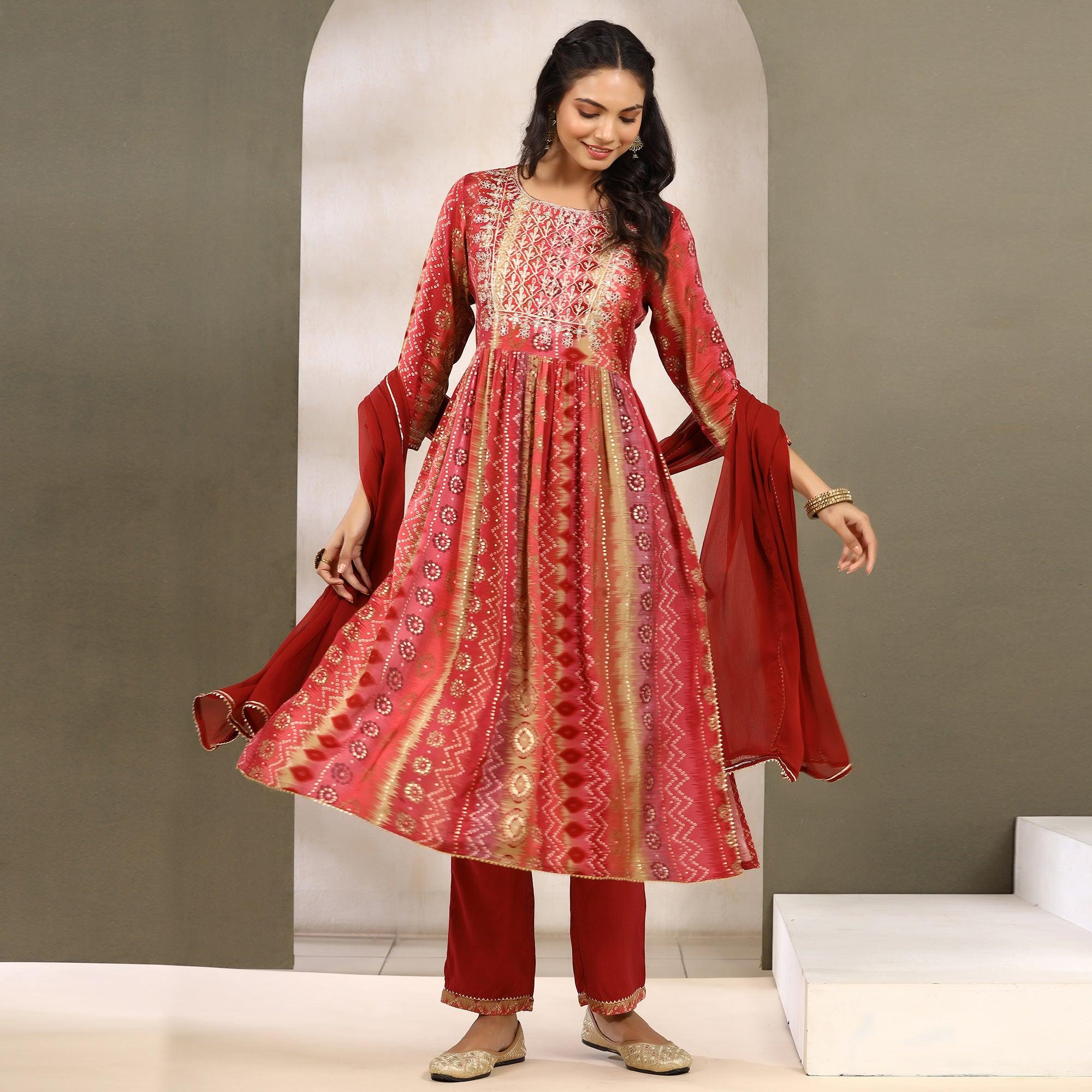 Red Printed With Sequence Work Muslin Anarkali Suit - Peachmode