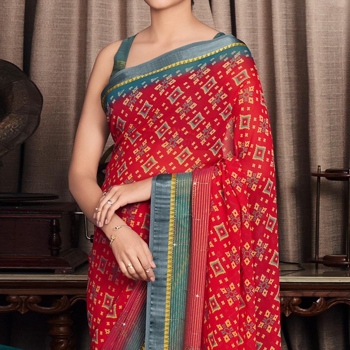 Red Printed With Swarovski Work Georgette Saree - Peachmode