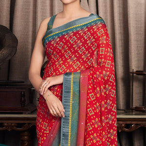Red Printed With Swarovski Work Georgette Saree - Peachmode