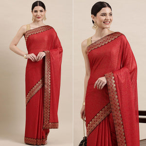 Red Printed With Woven Border Art Silk Saree - Peachmode