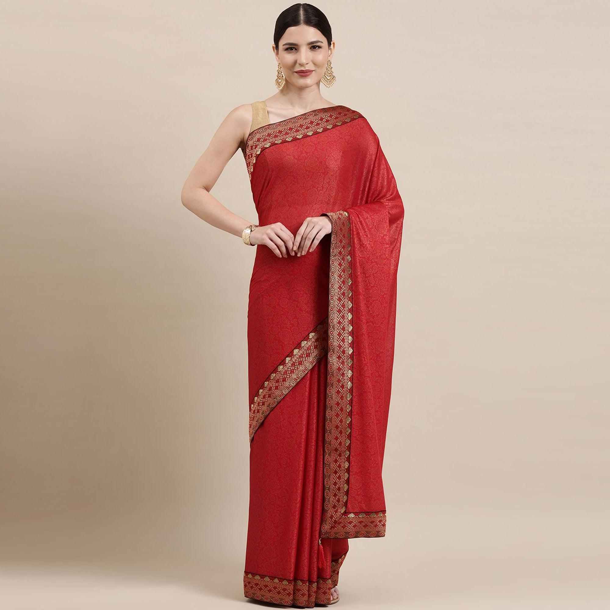 Red Printed With Woven Border Art Silk Saree - Peachmode