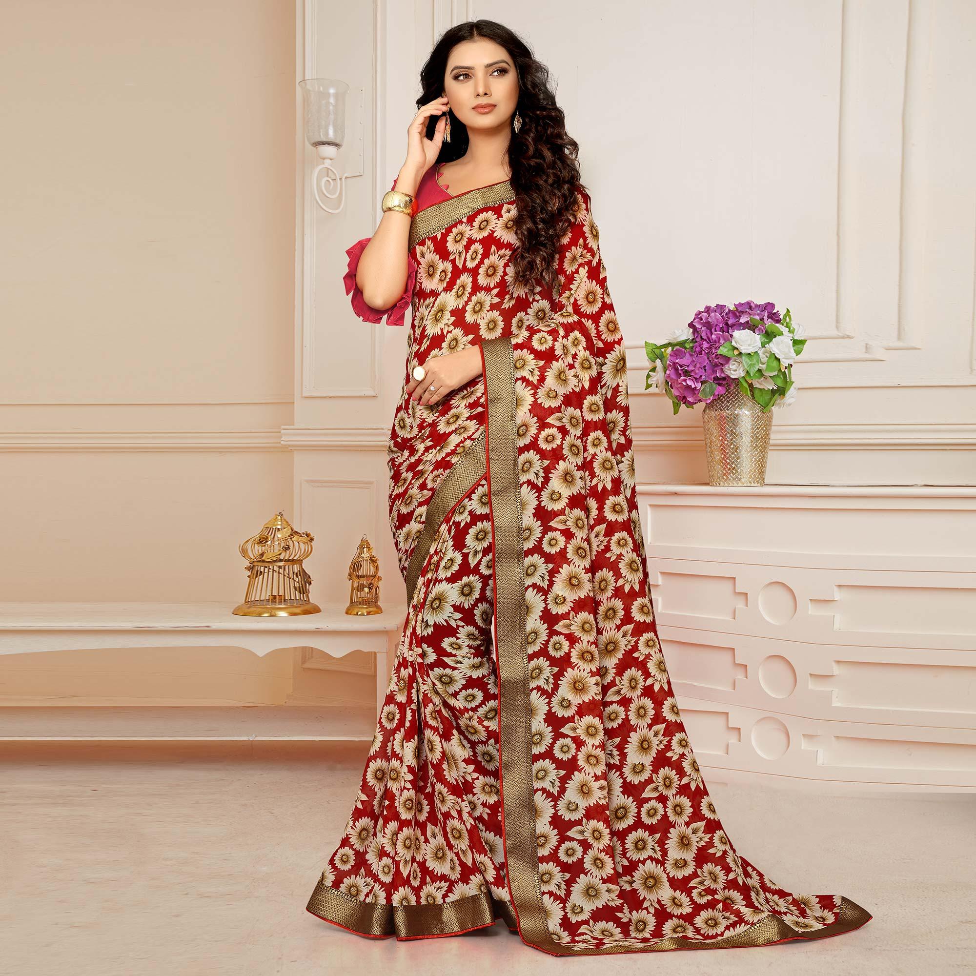 Red Printed With Woven Border Georgette Saree - Peachmode