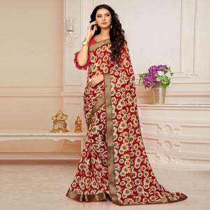 Red Printed With Woven Border Georgette Saree - Peachmode