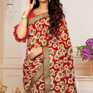 Red Printed With Woven Border Georgette Saree - Peachmode
