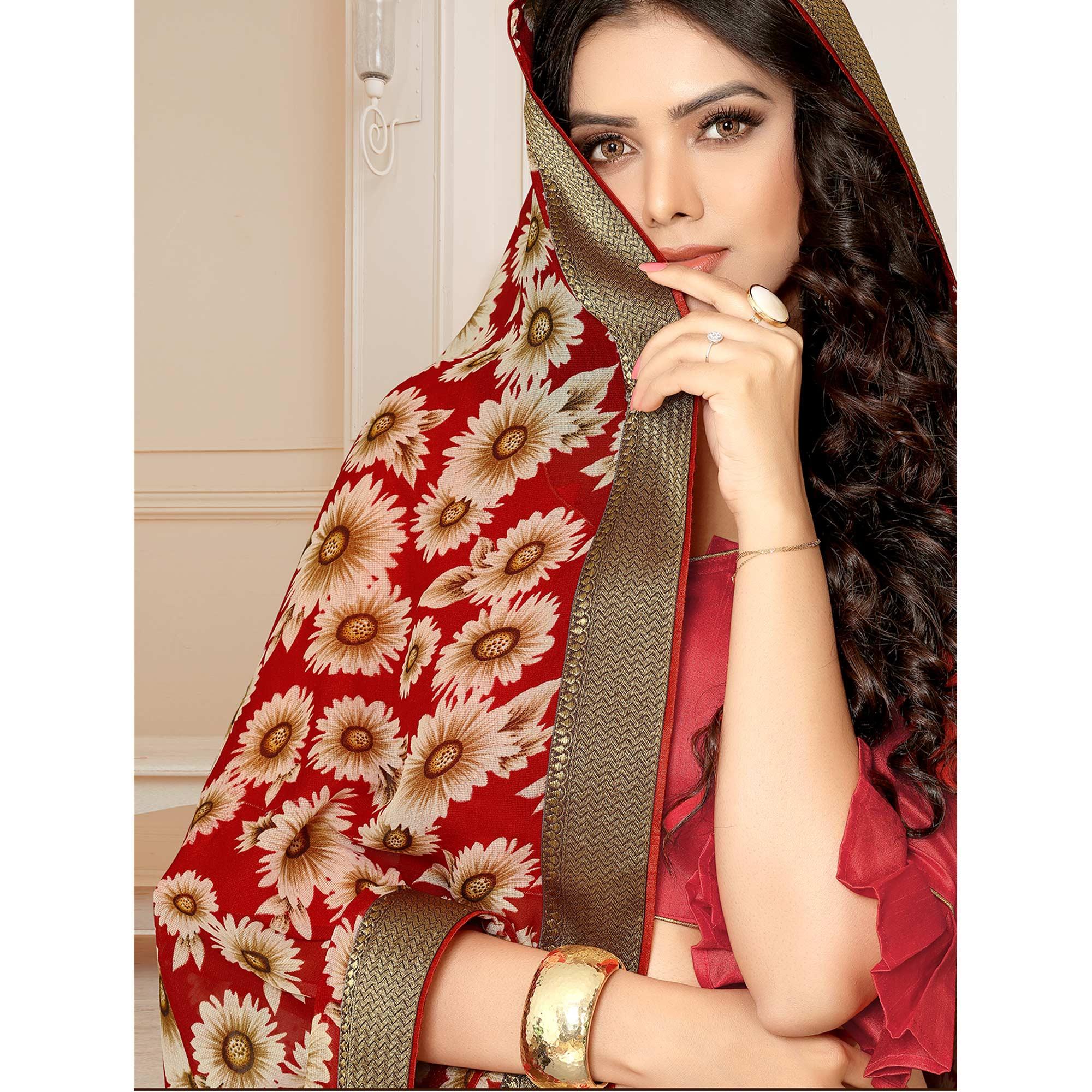 Red Printed With Woven Border Georgette Saree - Peachmode