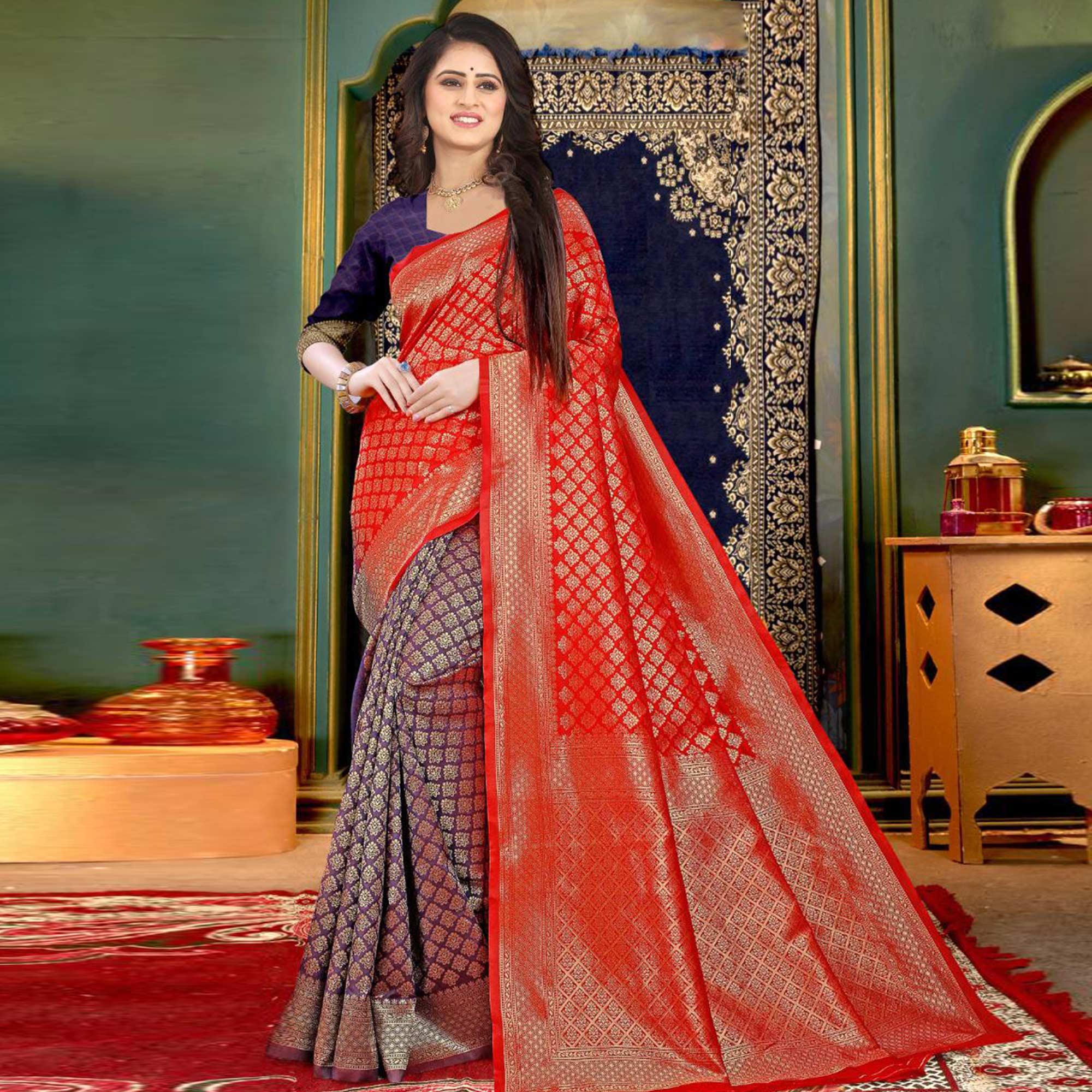 Red-Purple Festive Wear Woven Banarasi Silk Saree - Peachmode
