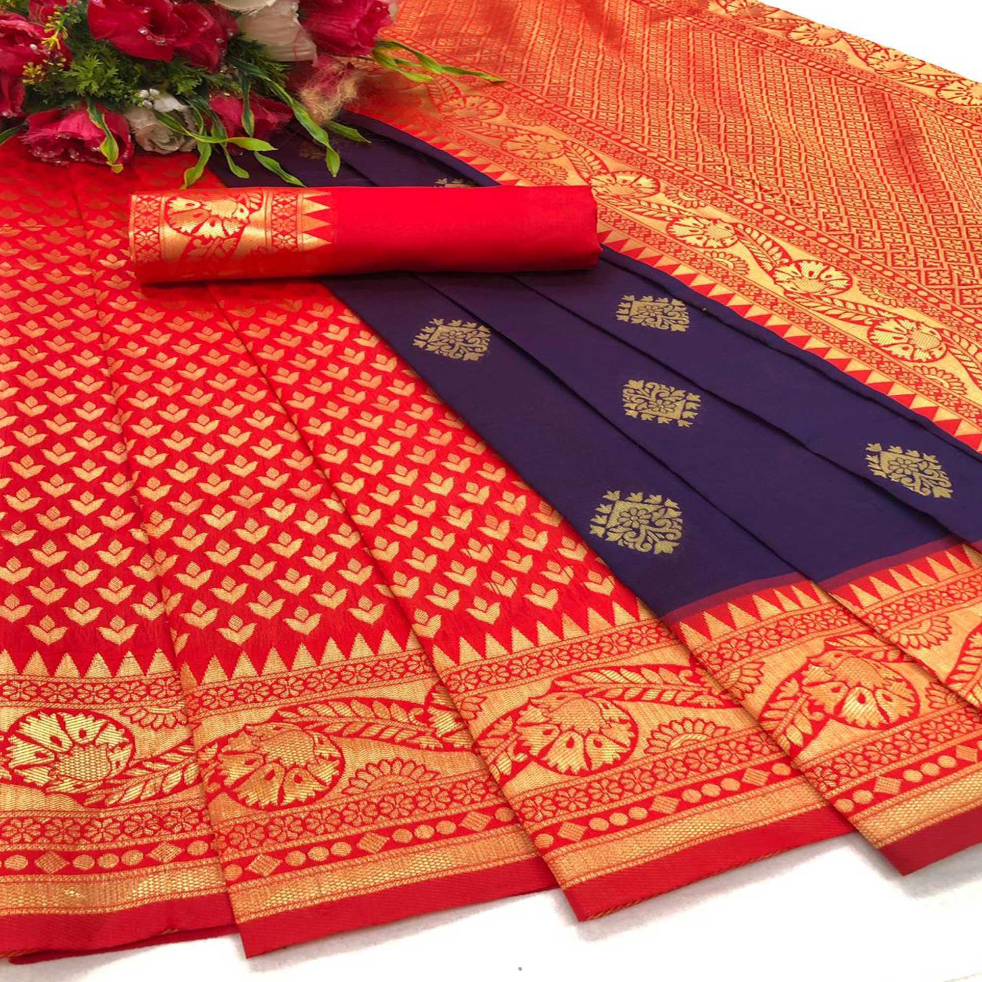 Red-Purple Festive Wear Woven Butti Designer Border Soft Lichi Silk Saree - Peachmode