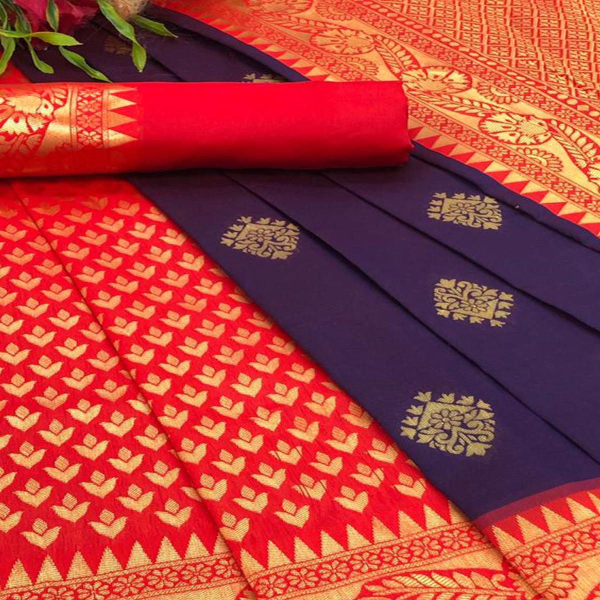 Red-Purple Festive Wear Woven Butti Designer Border Soft Lichi Silk Saree - Peachmode