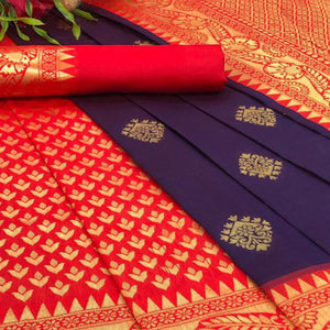 Red-Purple Festive Wear Woven Butti Designer Border Soft Lichi Silk Saree - Peachmode