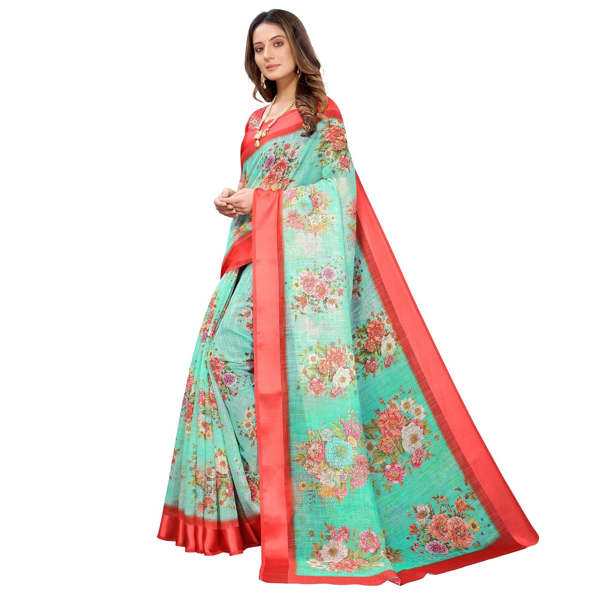 Red-Sea Green Casual Wear Floral Digital Printed Linen Slub saree - Peachmode
