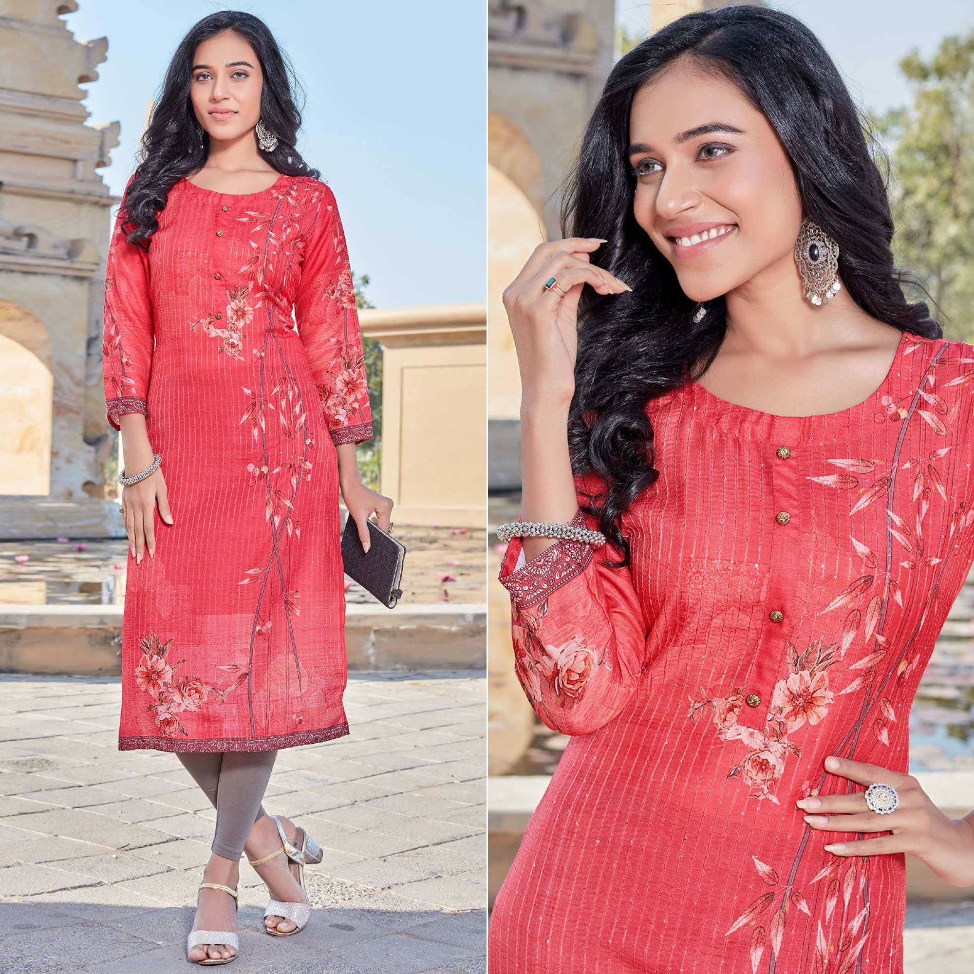 Red Sequence Embroidered Cotton Silk Kurti - Peachmode