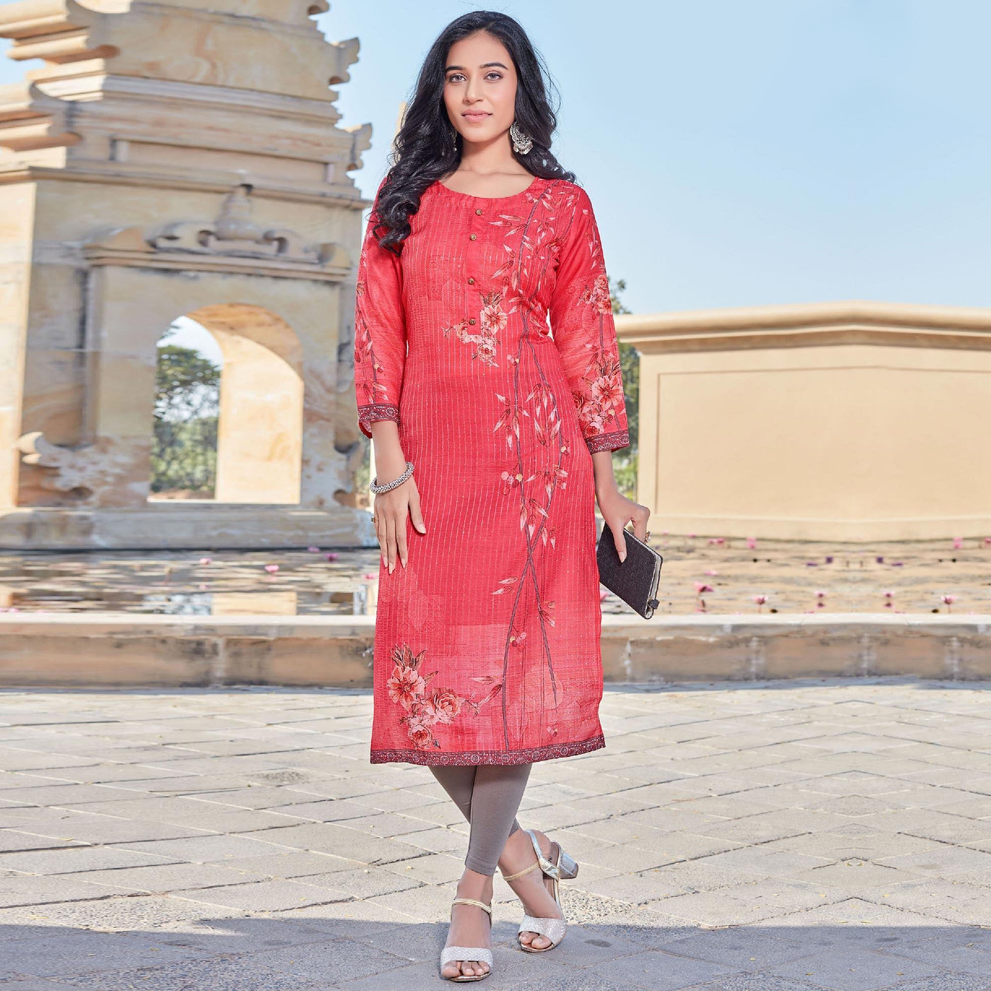 Red Sequence Embroidered Cotton Silk Kurti - Peachmode