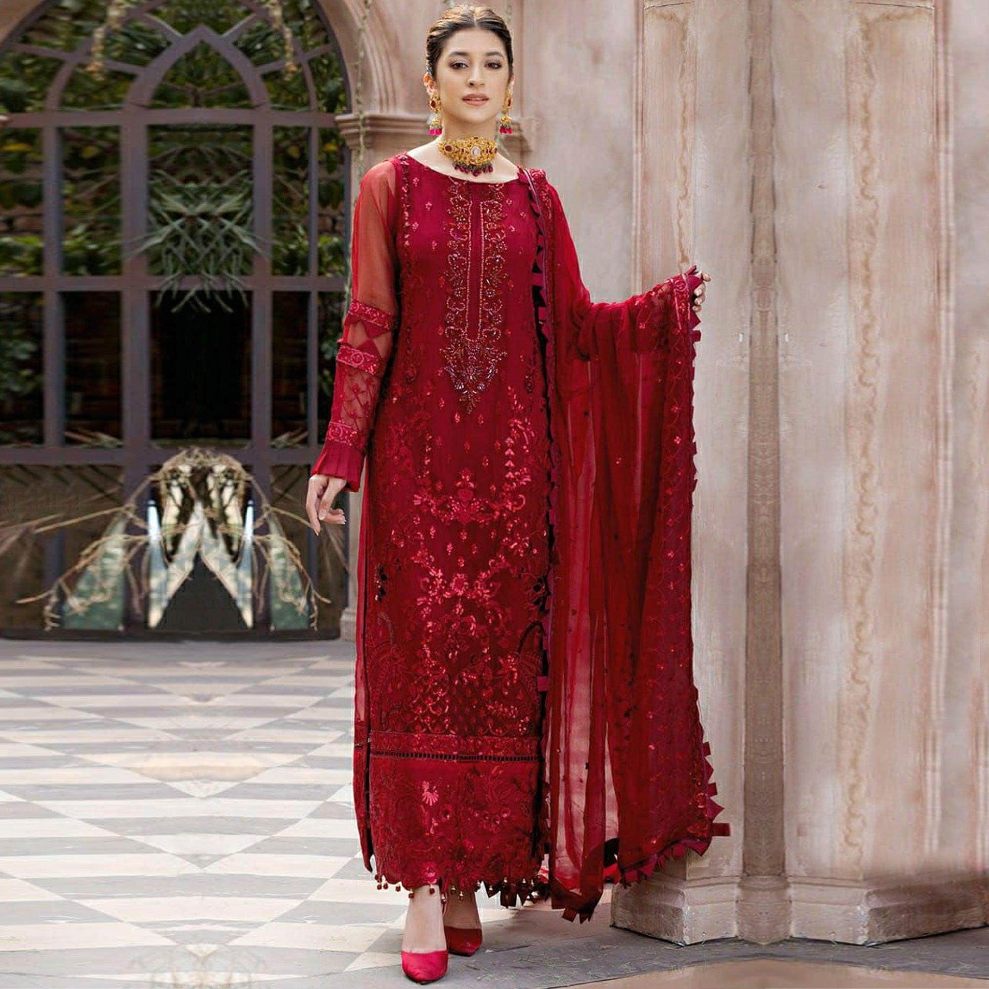 Red Sequence Embroidered Georgette Pakistani Suit - Peachmode