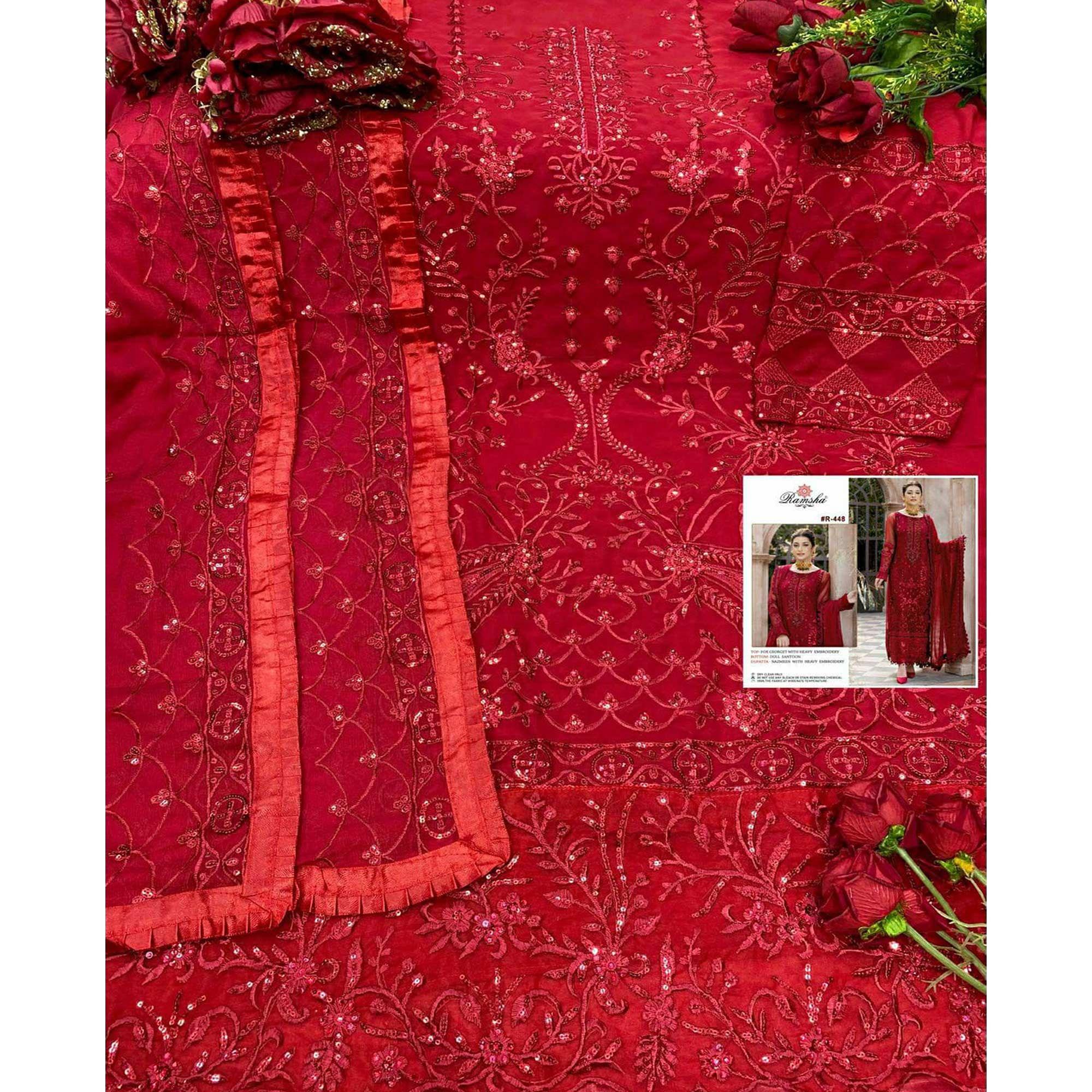 Red Sequence Embroidered Georgette Pakistani Suit - Peachmode