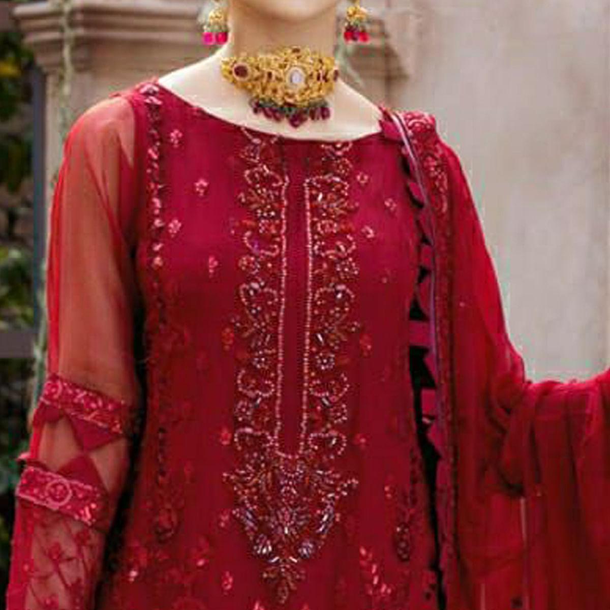 Red Sequence Embroidered Georgette Pakistani Suit - Peachmode