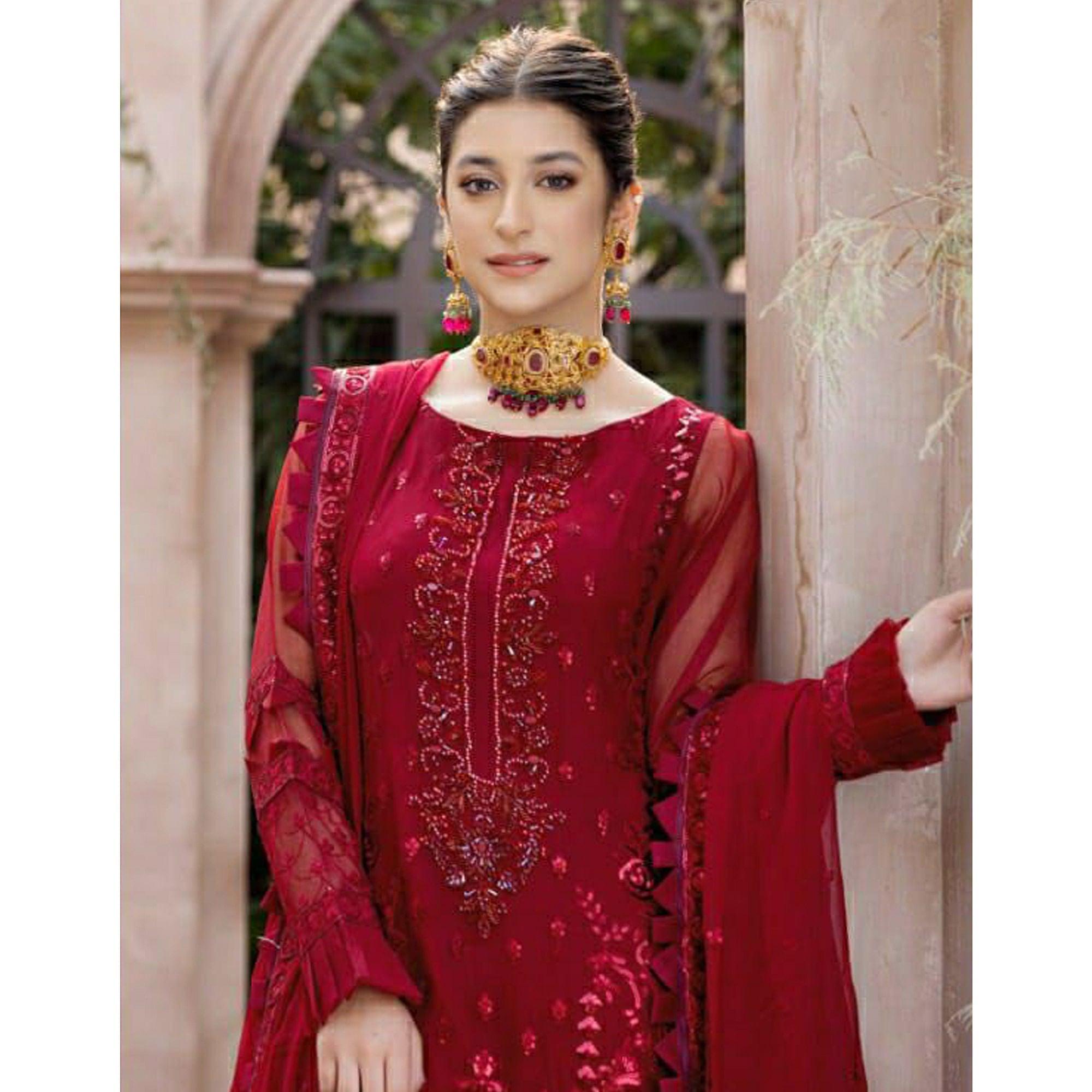 Red Sequence Embroidered Georgette Pakistani Suit - Peachmode