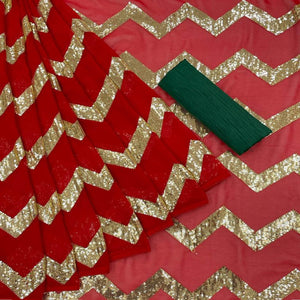 Red Sequence Embroidered Georgette Saree - Peachmode