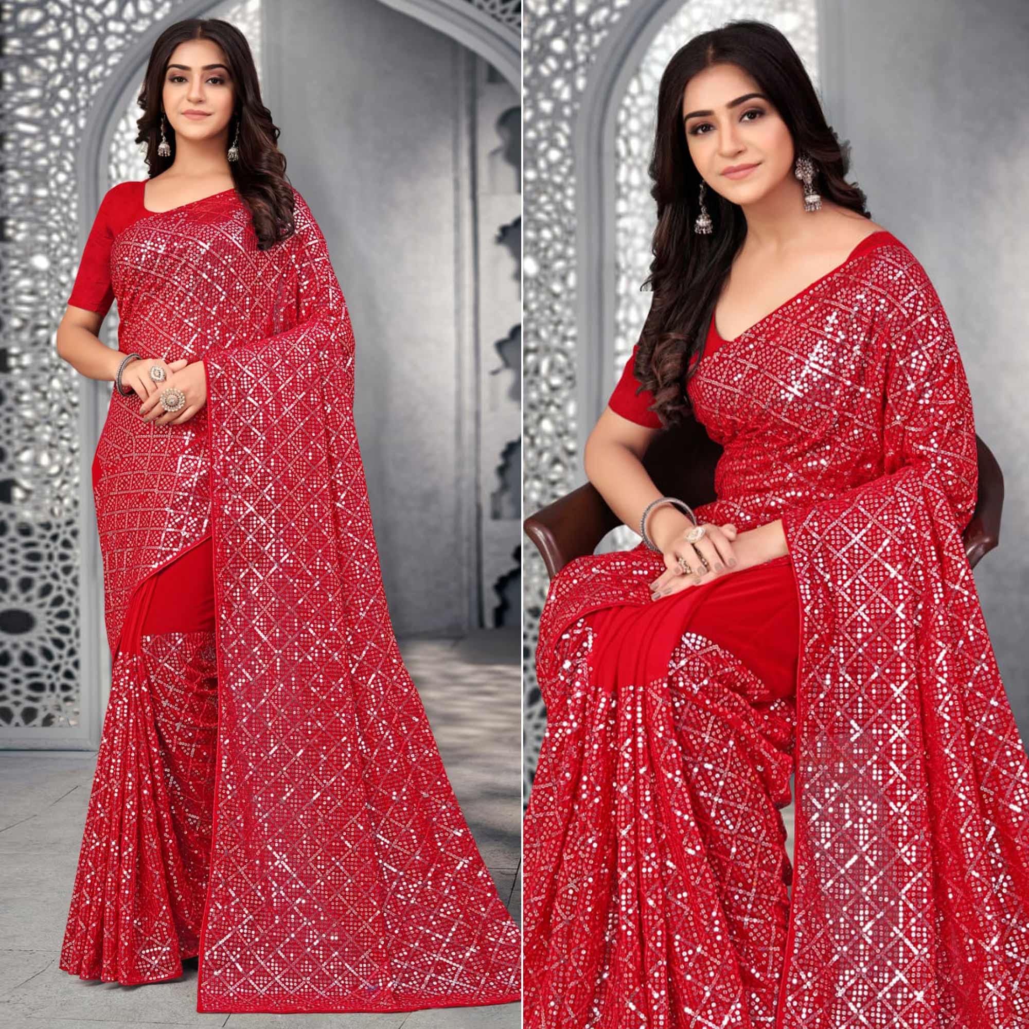 Red Sequence Embroidered Georgette Saree - Peachmode