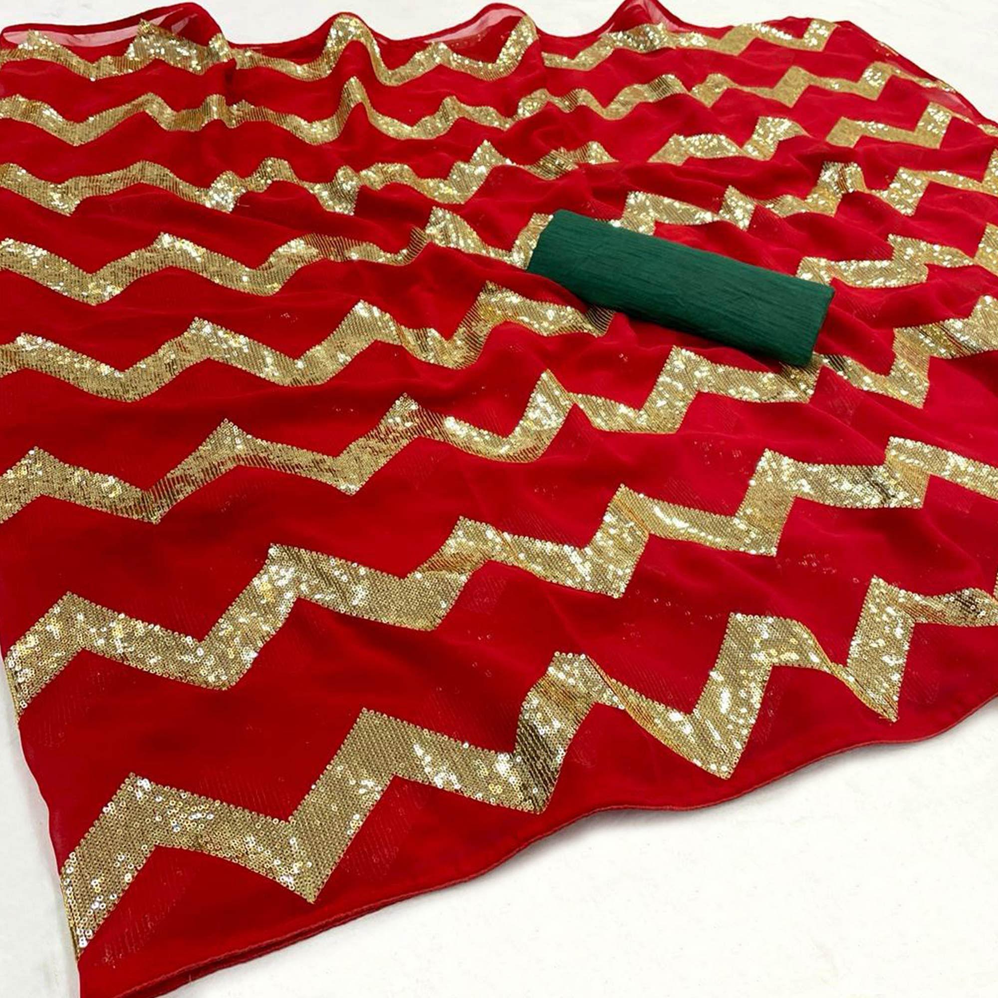 Red Sequence Embroidered Georgette Saree - Peachmode