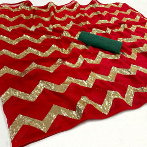 Red Sequence Embroidered Georgette Saree - Peachmode