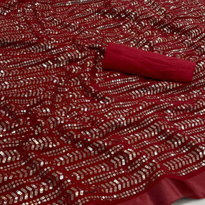 Red Sequence Embroidered Georgette Saree - Peachmode