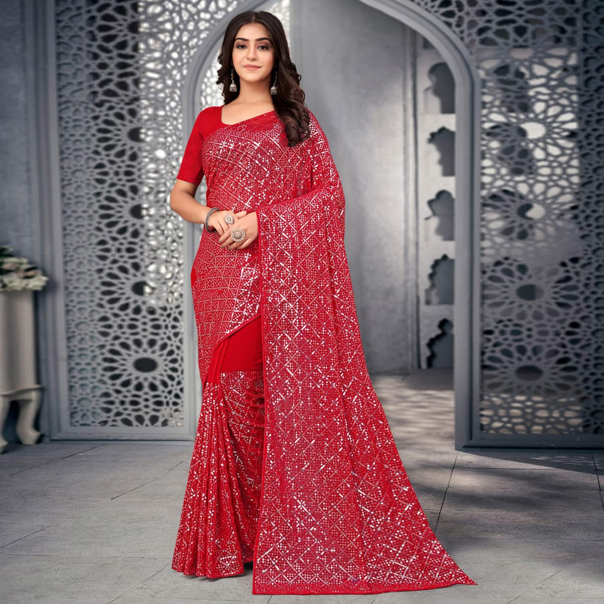 Red Sequence Embroidered Georgette Saree - Peachmode