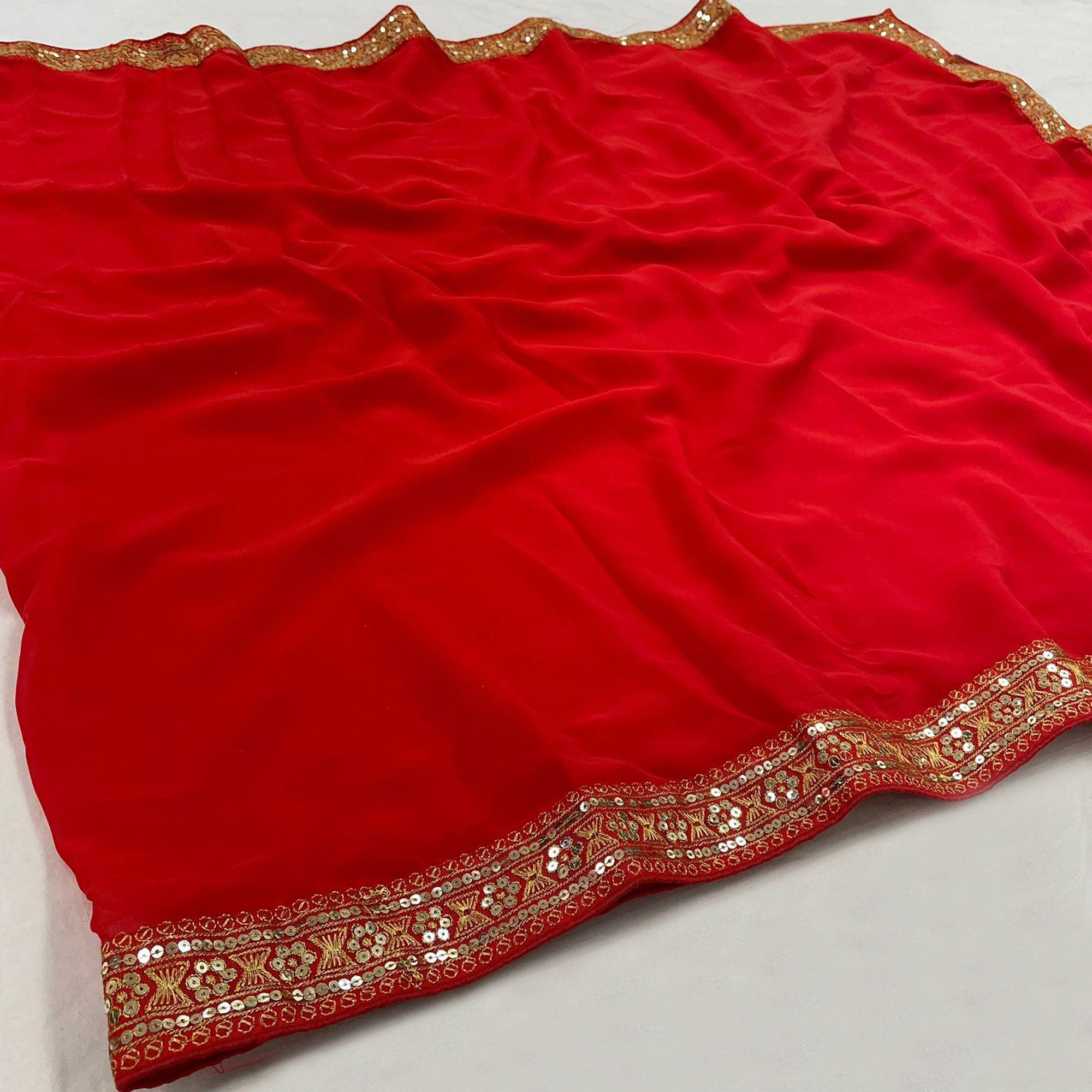 Red Sequence Embroidered Georgette Saree - Peachmode