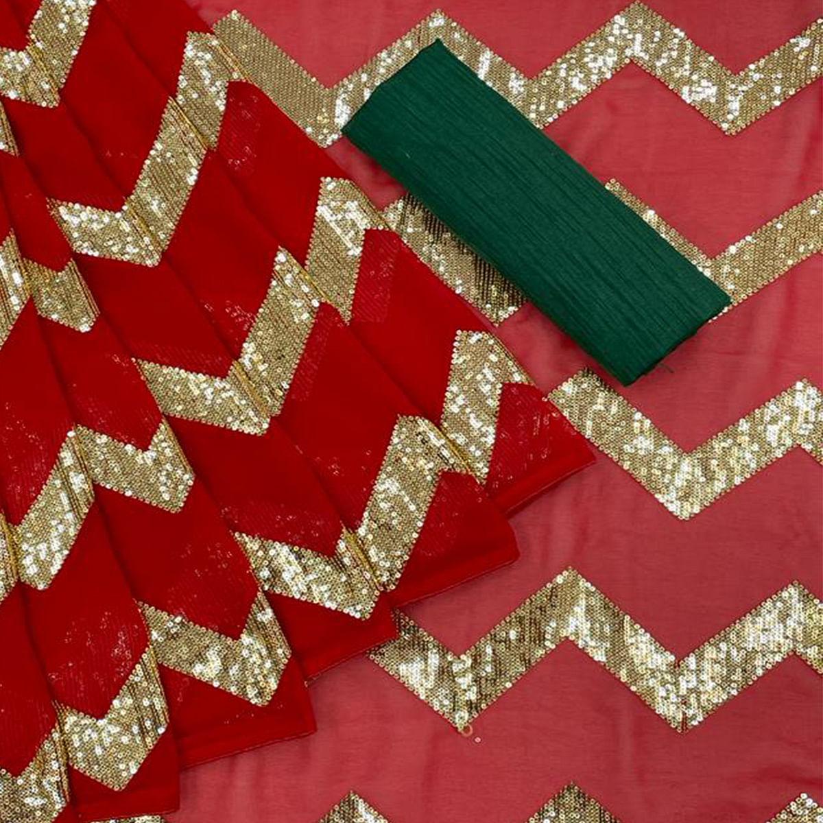 Red Sequence Embroidered Georgette Saree - Peachmode