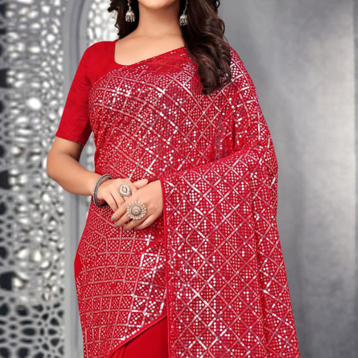 Red Sequence Embroidered Georgette Saree - Peachmode