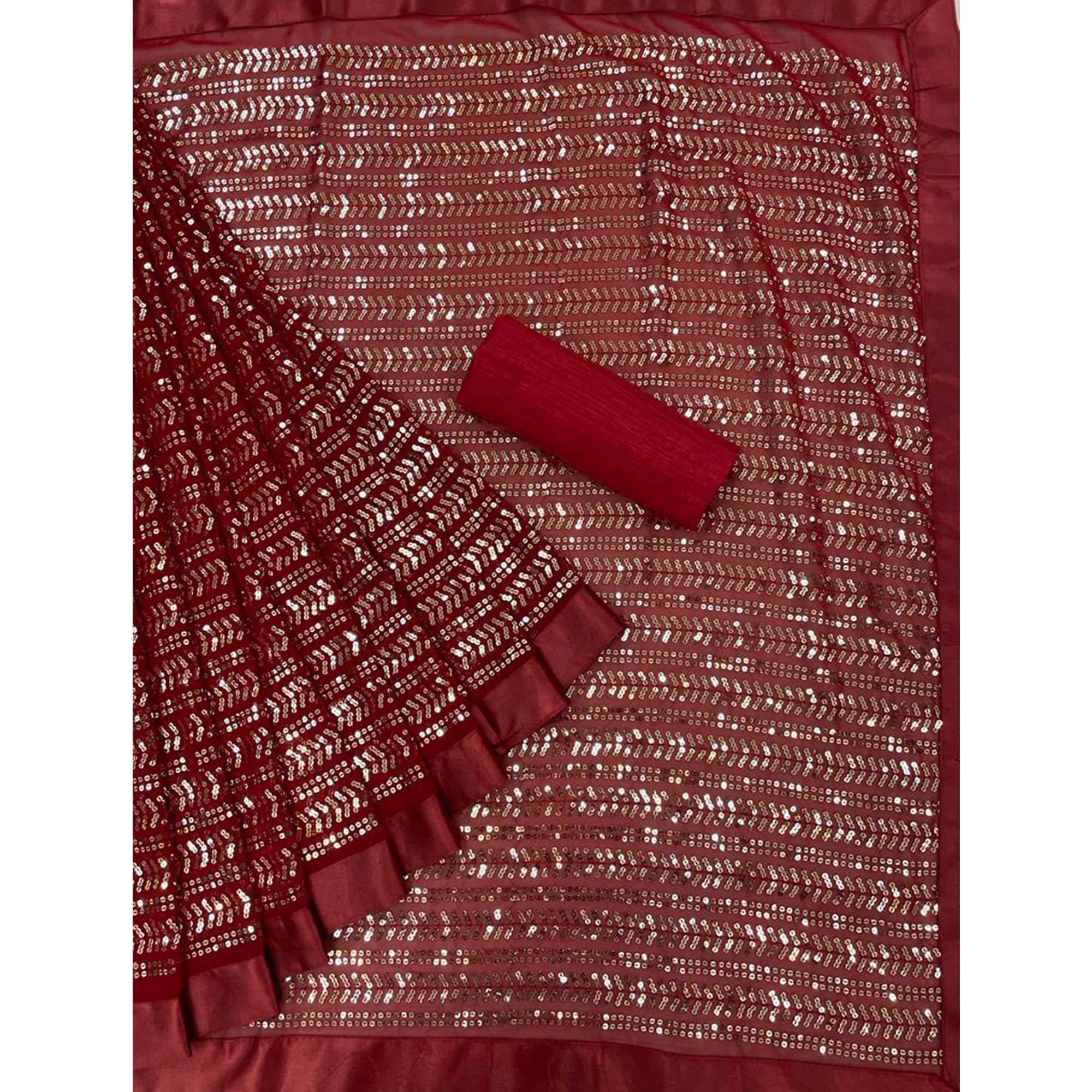 Red Sequence Embroidered Georgette Saree - Peachmode